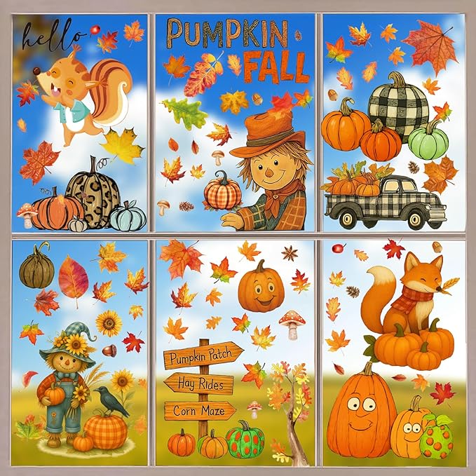 DC-BEAUTIFUL 153 Pcs Fall Window Clings, 12 Sheets Double Sided Autumn Pumpkin Scarecrow Maple Leaf Glass Stickers, Reusable Static Thanksgiving Window Decals Party Decors for Home Office School Shop-Ruum Studio Home