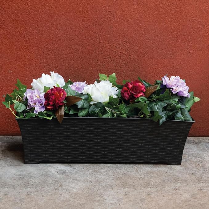 Elly Décor Set of 2 24x8 Rectangular Modern, Resistant and Self Watering Planter with Rattan-Like Finish, 24", Gray-Ruum Studio Home