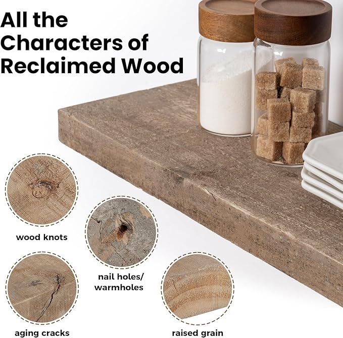Floating Shelves, 8 Inch Deep Rustic Solid Reclaimed Wood Wall Shelves for Storage, Wall Mounted Display Shelving with Invisible Heavy-Duty Metal Bracket, 24 Inch Width Set of 2, Natural-Ruum Studio Home