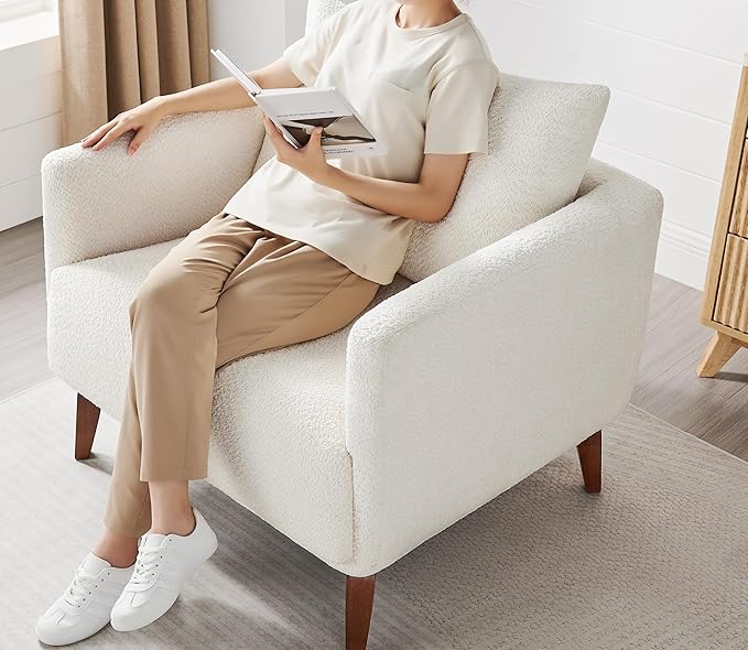 Oversized Accent Chair Modern Boucle Armchair for Living Room- 37" Wide Accent Chair with Solid Wood Legs, White Upholstered Lounge Chair for Bedroom & Office, Cozy Reading Chair (Easy Assembly)-Ruum Studio Home