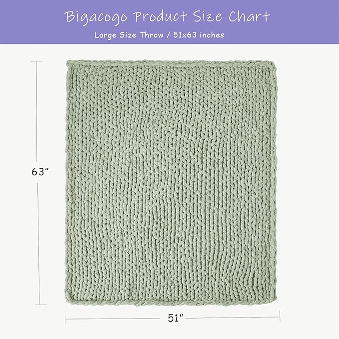 Bigacogo Chunky Knit Throw Blanket for Couch, 51x63 inches, 100% Hand Knitted with Thick Jumbo Chenille Yarn, Cozy Soft Large Rope Knot Cable Crochet Blankets for Sofa Bed Living Room, Sage Green-Ruum Studio Home