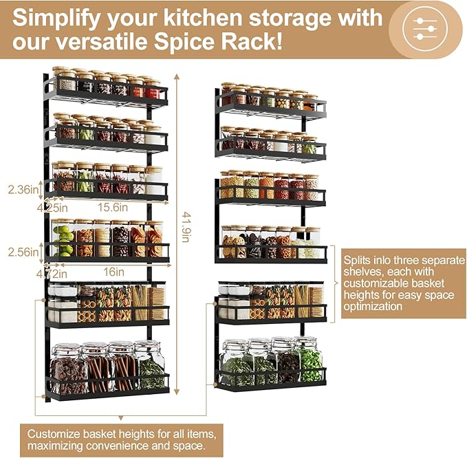 X-cosrack 6-Tier Wall-Mounted Spice Rack Organizer with Mixed Basket Sizes, Height-Adjustable Hanging Spice Shelf for Kitchen Pantry Cabinet, Large-Capacity Seasoning Holder, Black-Ruum Studio Home