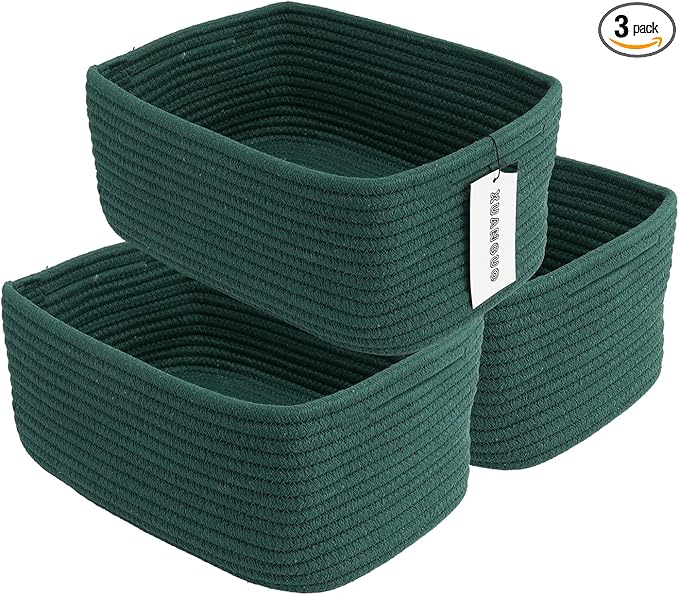 Small Woven Storage Baskets 12“X8”X5“ Decorative Rope Bins for Organizing Shelves, Closets, and Toys, Empty Gift Baskets, Cute Organizer Basket for Home and Office (dark green, regular)-Ruum Studio Home