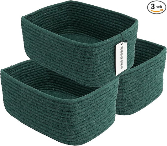 Small Woven Storage Baskets 12“X8”X5“ Decorative Rope Bins for Organizing Shelves, Closets, and Toys, Empty Gift Baskets, Cute Organizer Basket for Home and Office (dark green, regular)-Ruum Studio Home