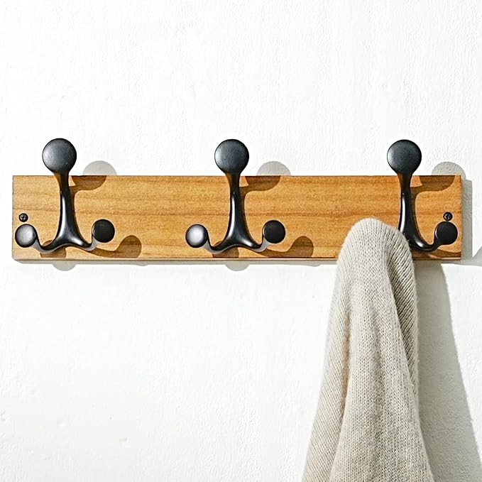 SKOLOO 17-Inch Light Brown Wood Coat Rack Wall Mount with 3 Triple Hooks - Ideal for Family Entrances, Classrooms, and Pet Supplies Storage - Perfect Coat Hooks for Wall-Ruum Studio Home
