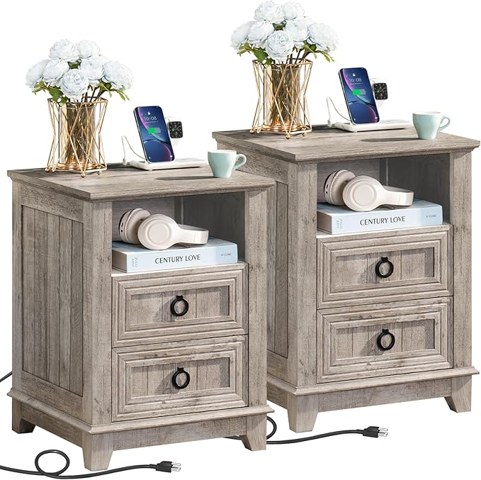 18" Farmhouse Night Stands Set of 2 with Charging Station, 2 Drawers End Table Dresser for Bedroom, Oak Wooden Nightstand, Bed Side Table with Open Shelf, Bedside Cabinet for Living Room-Ruum Studio Home