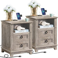 18" Farmhouse Night Stands Set of 2 with Charging Station, 2 Drawers End Table Dresser for Bedroom, Oak Wooden Nightstand, Bed Side Table with Open Shelf, Bedside Cabinet for Living Room-Ruum Studio Home