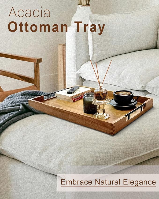 22 Inches Acacia Wood Serving Tray with Metal Handles, Large Wooden Rectangle Ottoman Tray, Decorative and Durable Design for Living Room Coffee Table Couch Kitchen-Ruum Studio Home