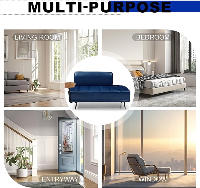 Sofa,Bed Bench,Small Spaces Furniture,Polyurethane Leather,Wood Frame,High Density Sponge Infillings,360-Degree Swivel Tray,Black Metal Leg (Blue)-Ruum Studio Home