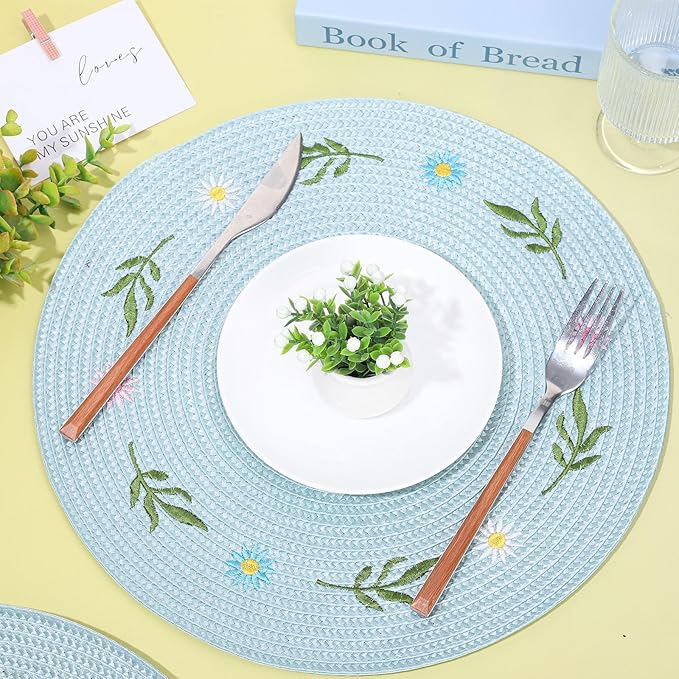 Whaline 4Pcs Round Daisy Placemats Spring Flower Embroidered Place Mats Greenery Floral Dinner Table Mats for Home Holiday Wedding Bridal Baby Shower Birthday Party Decor-Ruum Studio Home