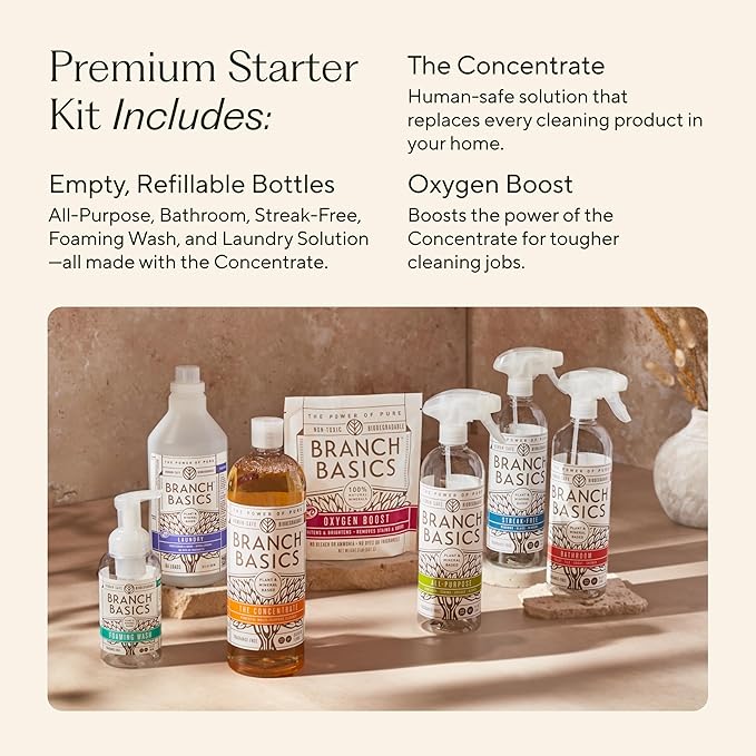 Branch Basics Premium Starter Kit: All Purpose, Glass, and Bathroom Cleaner plus our Foaming Wash, and Laundry Bottle (3 Plastic Spray Bottles + Concentrate) Fragrance-Free-Ruum Studio Home