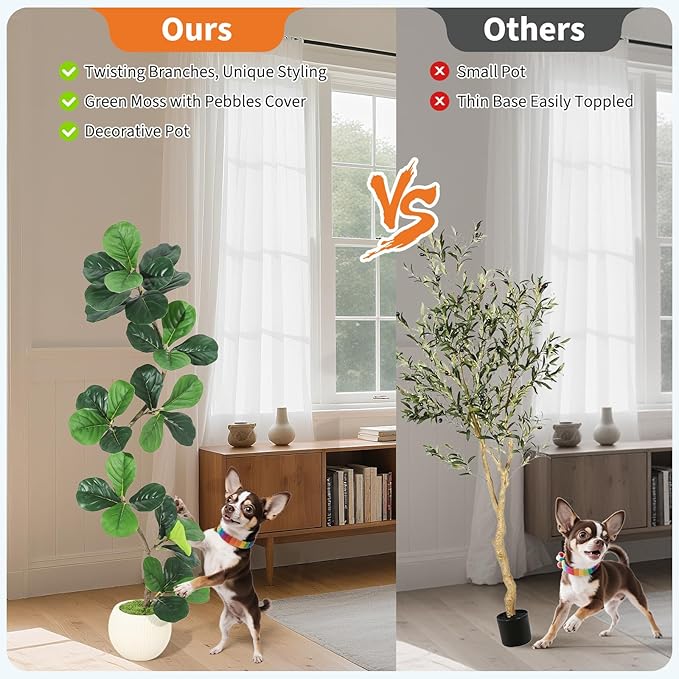 GarveeHome Fiddle Leaf Fig Artificial Tree with White Planter,5ft Faux Plants Indoor with Moss, Fake Rubber Tall Fake Floor Plant in Pot - Artificial Trees for Home Office Living Room Decor-Ruum Studio Home
