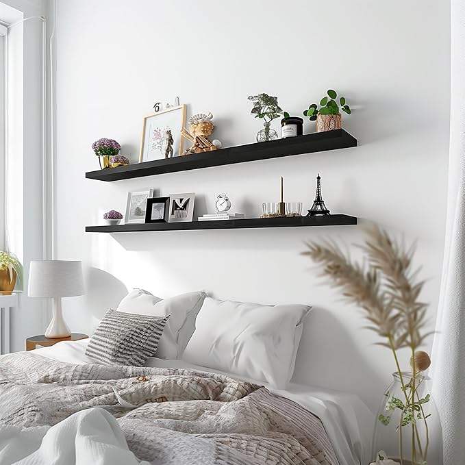 Wood Floating Shelves for Wall Decor, Rustic Wall Shelves for Bedroom Bathroom Kitchen Living Room, Set of 4 Black 48 Inch-Ruum Studio Home