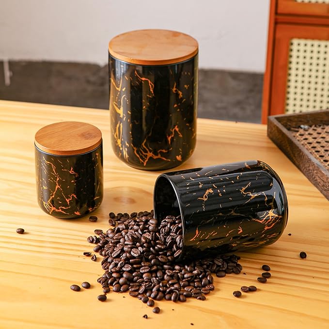 Ceramic Canister Set with Bamboo Airtight Lids, 3-Piece Kitchen Storage Jars (48oz, 30oz, 12oz) – Black with Gold Marble Pattern, Glossy Finish, for Coffee, Sugar, Flour & More-Ruum Studio Home