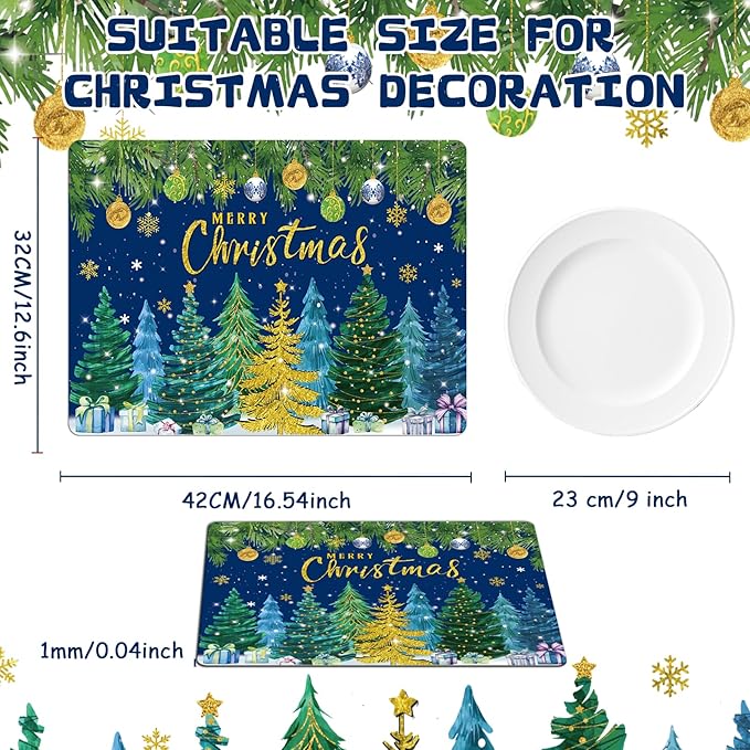 Christmas Pine Trees Placemats Set of 6 Plastic Table Mats Xmas Ball Ornaments Snowflakes Place Mats Holiday Pine Trees Winter Table Decoration for Indoor Outdoor Party Kitchen Dining-Ruum Studio Home