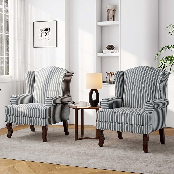 Accent Chair, High Back Upholstered Armchair with High Resilience Sponge & Wood Legs, Mid-Century Modern Comfy Single Sofa Reading Chairs for Living Room, Bedroom (Stripe Grey, Set of 2)-Ruum Studio Home