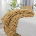 Bigacogo Chunky Knit Throw Blanket for Couch, 40x40 inches, 100% Hand Knitted with Thick Jumbo Chenille Yarn, Cozy Soft Large Rope Knot Cable Crochet Blankets for Sofa Bed Living Room, Goldenrod-Ruum Studio Home