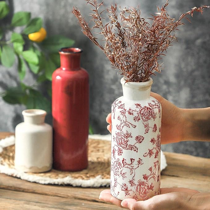 Vintage Vase Set of 3, Ceramic Vintage Flower Vases, Chinoiserie Decorative Home Decor Retro Floral Vase Rustic Farmhouse Decor for Table Bookshelf Mantel Kitchen Living Room Office - Red and White-Ruum Studio Home
