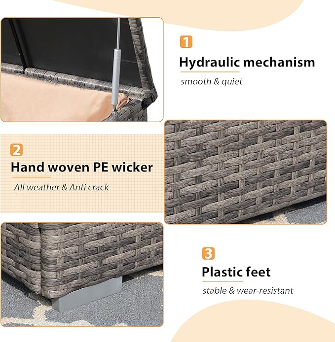 Super Patio Outdoor Patio Storage Box Waterproof, Wicker Storage Bin Deck Box for Cushions, Garden Tools, 88 Gallon, Gray-Ruum Studio Home