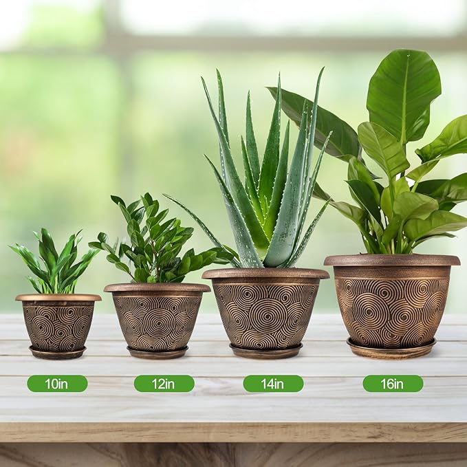 16 Inch Large Planter Pot for Plants Indoor Outdoor, 4 Pack Plastic Flower Pots with Drainage Hole & Tray, Modern Decorative Garden Pot with Saucer, Plant Container for House-Ruum Studio Home