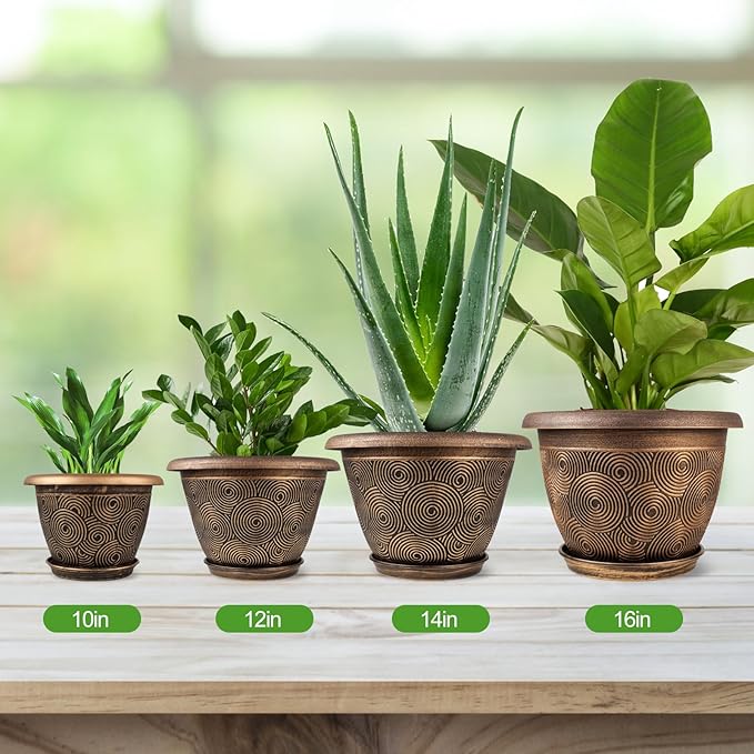 14 Inch Large Planter Pot for Plants Indoor Outdoor, 4 Pack Plastic Flower Pots with Drainage Hole & Tray, Modern Decorative Garden Pot with Saucer, Plant Container for House-Ruum Studio Home