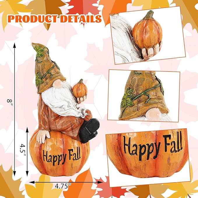 Topadorn Fall Garden Gnome Figurine Sitting on Pumpkin Statue Autumn Harvest Garden Gnomes Statue Figurine for Patio Yard Lawn Porch Decoration, Happy Fall-Ruum Studio Home
