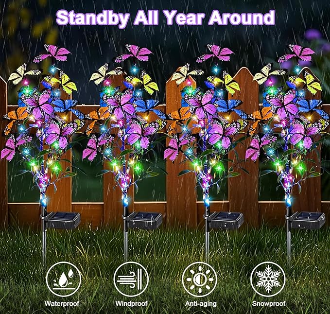 Solar Garden Lights Outdoor Waterproof Garden Decor, 4 Pack Upgraded 240 LED 54 Butterfly Colorful Outdoor Solar Decor for Yard Patio Gifts for Womens Mom (4 Pack Butterfly)-Ruum Studio Home