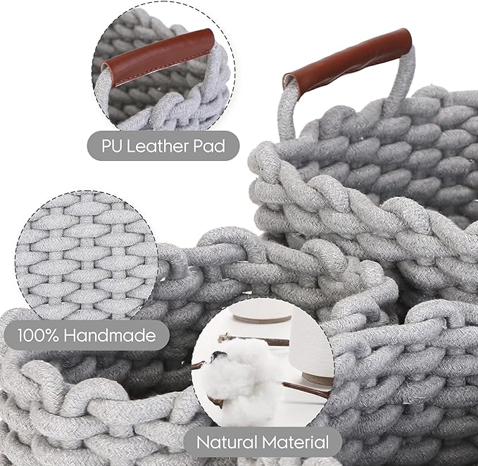Sea Team 3-Pack Rectangle Woven Cotton Rope Storage Baskets with Handles, Shelf Basket, Closet Organizers, 3-in-1, Gray-Ruum Studio Home