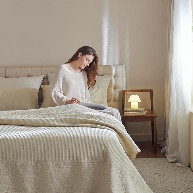 MarCielo 3-Piece 100% Cotton Oversized Bedspread Lightweight Quilt Coverlet Embroidery Farmhouse Bedding Set (TG Yellowish Beige, Oversized King (118"x106"))-Ruum Studio Home