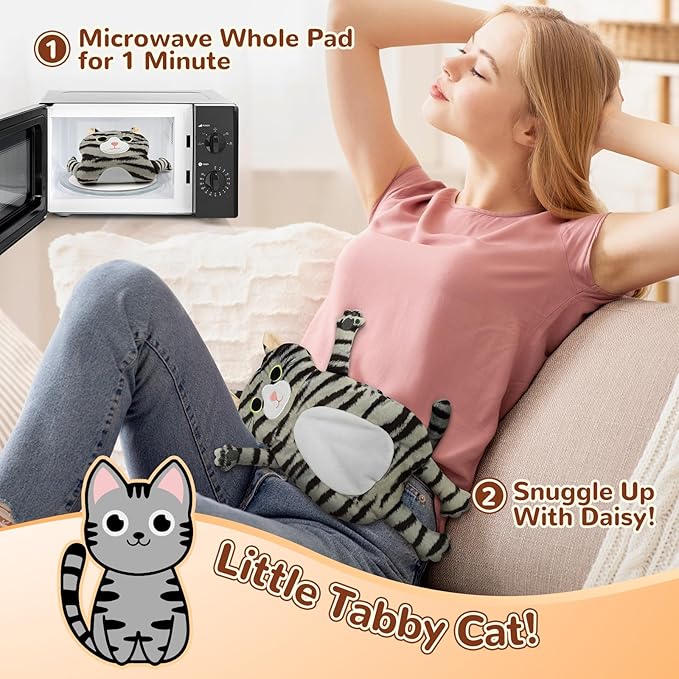 Microwave Heating Pad for Pain Relief, 17" x 9" Microwavable Heating Pads for Cramps, Back Pain, Neck Shoulder, Muscles, Knee, Joints, Natural Heat Pack Moist Heat, Gray Tabby Cat-Ruum Studio Home