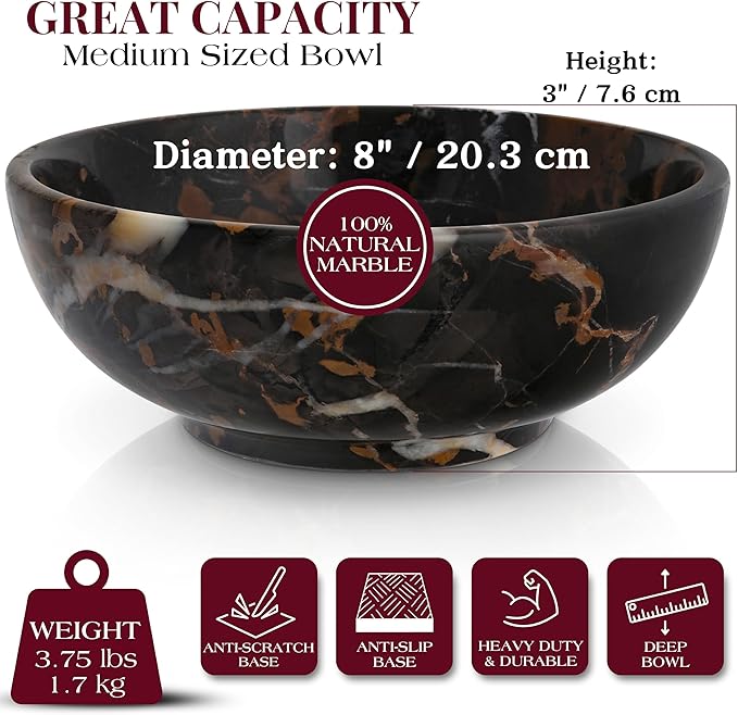 Gusto Nostro 8" Luxury Black Marble Decorative Bowl for Coffee Table - Elegant Decorative Fruit Bowl for Kitchen Counter - Heavy Stone Entryway Catch All for Keys, Potpourri Holder Centerpiece, Medium-Ruum Studio Home