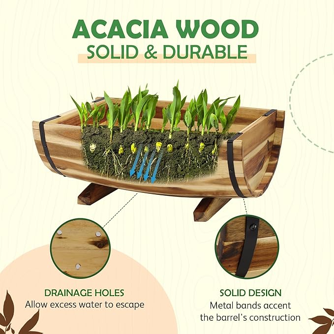 IDZO Solid Acacia Wood Half Barrel Planters Outdoor Set of 2 Different Sizes, Wooden Planters for Outdoor Plants with Metal Bands & Drainage Holes, Legs Included, Natural-Ruum Studio Home