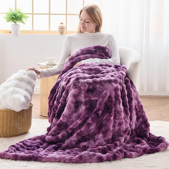 NEWCOSPLAY Faux Fur Throw Blanket Tie-dye Violet Purple Luxury Fluffy Thick Warm Bubble Blanket for Couch Sofa Bed 700GSM (Tie-dye Violet Purple, Throw(50"x60"))-Ruum Studio Home