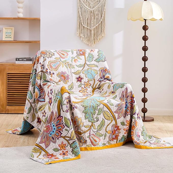 Boho Throw Blanket for Bed, 100% Cotton Soft Rustic Quilt Fall Blanket, 90"x98" Floral Printed Farmhouse Decor Bed Blankets, All Season Rustic Reversible Bohemian Throw Quilt-Ruum Studio Home