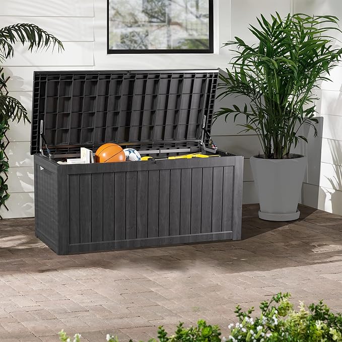 200 Gallon Lockable Resin Deck Box, Waterproof & UV-Resistant Outdoor Storage Box for Outdoor Cushion Storage, Garden Tools & Pool Accessories Storage, Black-Ruum Studio Home