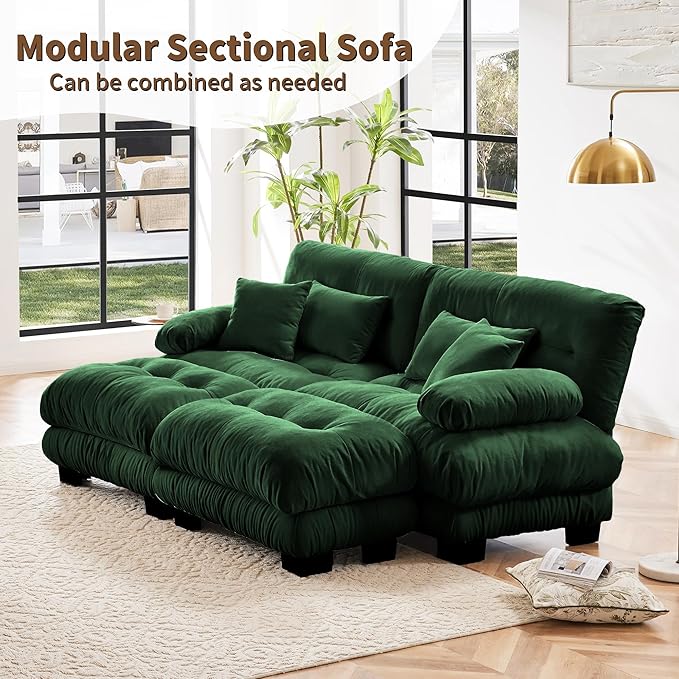 Modular Sectional Sofa, Cloud Couch U Shaped Sectional Couches for Living Room, Green Couch Oversized Loveseat with Movable Ottoman, Modern Deep Seat Sofa with Throw Pillows, Chenille-Ruum Studio Home
