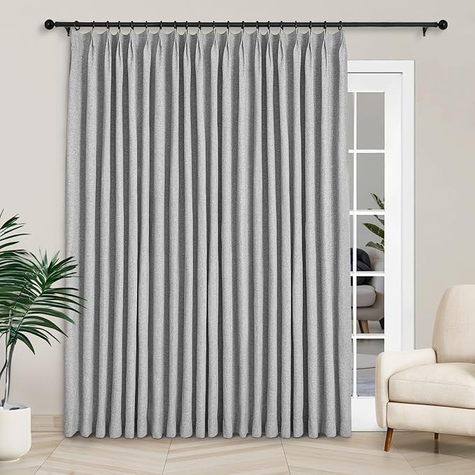 Macochico 120”Wx102”L 100% Blackout Linen Curtains Pinch Pleated Thermal Panels for Sliding Door Bedroom Living Room Farmhouse Shabby Chic Light Grey Burlap Curtains with Tieback 1 Panel-Ruum Studio Home