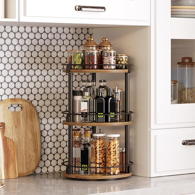 3-Tier Lazy Susan Organizer, Rotating Spice Rack, Spinning Organizer, Industrial Turntable Spice Rack Organizer for Cabinet, Kitchen Countertop, Pantry, Rustic Brown and Black SR23BR-Ruum Studio Home