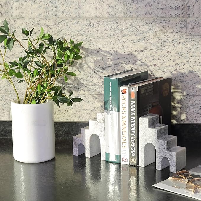Natural Marble Book Ends for Shelves, Decorative Bookends for Heavy Books, CastleGuard Bookend Book Holder Stopper for Home Office Desk Bookshelf Decoration, Set of 2 (Mist Grey)-Ruum Studio Home