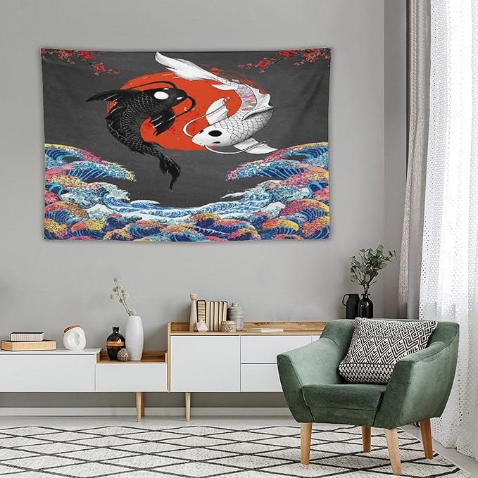 Houselerax Japanese Koi Fish Tapestries, Yin Yang Big Wave Cherry Blossom Tapestry Wall Hanging for Bedroom Living Room Office Decor 90"x60"-Ruum Studio Home