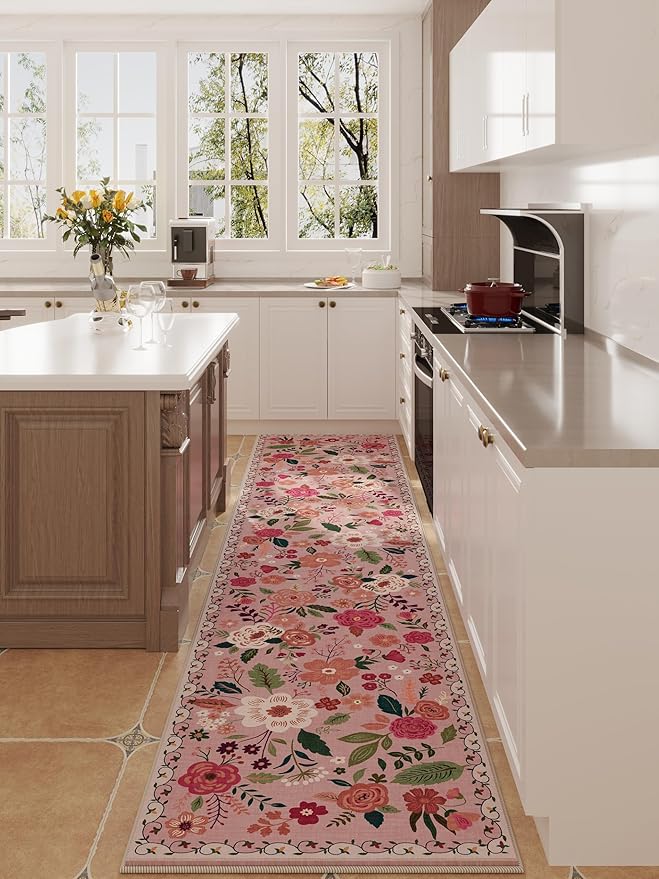 Runners for Hallways Kitchen Runner Rug Non Slip 2'x 10' Long Washable Rugs with Rubber Backing Soft Floral Carpet Runner for Hallways, Kitchen, Laundry, Bedroom, Bathroom(Pink)-Ruum Studio Home