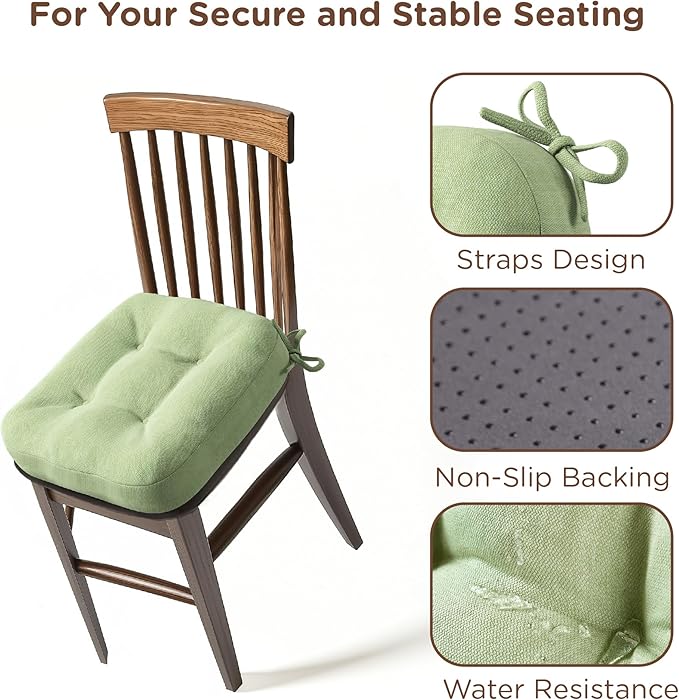 Codi Dining Chair Cushions 4 Pack, Thick Chairs Pads for Indoor Kitchen Room - Washable, Non-Slip Memory Foam Seat Cushion with Ties, 16.5"x16.5"x 3.5", Set of 4, Sage-Ruum Studio Home