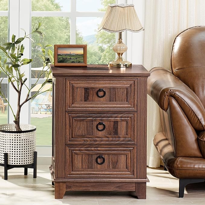 Farmhouse Night Stand Set of 2, 18" End Table with 3 Drawer Metal Handle, Dresser for Bedroom, Sofa Bed Side Table Chest of Drawers,Wood Nightstand Cabinet for Organizer, Living Room-Brown-Ruum Studio Home