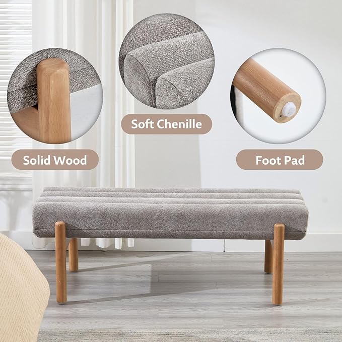 Upholstered Bench Grey Modern End of Bed Bench Chenille Fabric Bedroom Bench for Entryway Living Room Vanity Makeup Room, 47" Long, Wooden Legs-Ruum Studio Home
