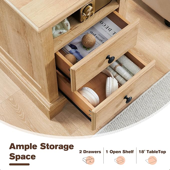 T4TREAM Nightstand with Charging Station, 18 Inch Vintage End Table with 2 Drawers, Wood Rustic Sofa Side Table with Open Storage Shelf for Bedroom, Living Room, Natural Oak-Ruum Studio Home