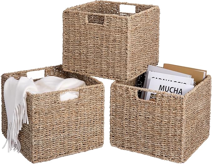 12x12x10in Seagrass Storage Baskets Set of 4, Large Wicker Storage Basket, Decorative Seagrass Shelf Basket, Pantry Baskets Organization,Folding Storage Cube Bins-Ruum Studio Home