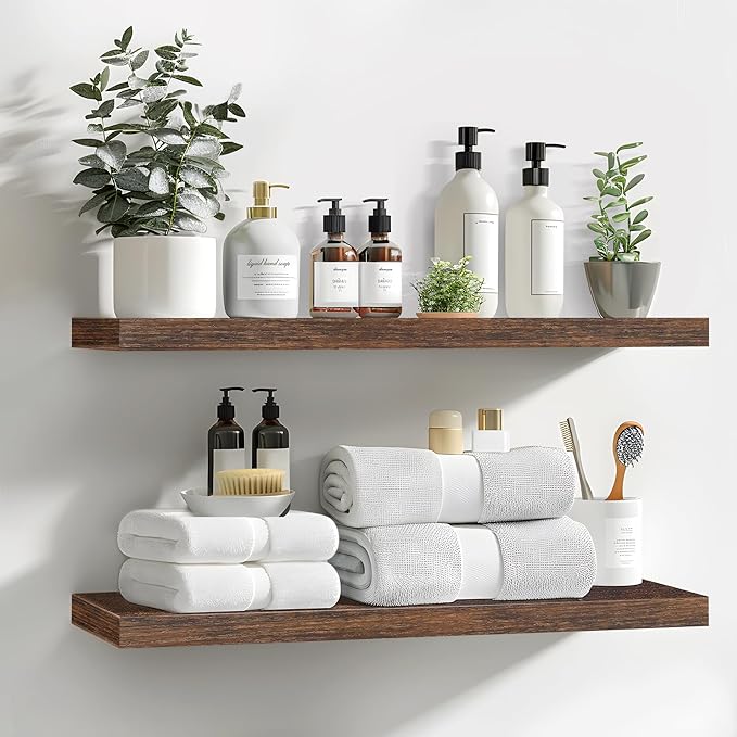 LaVie Home Floating Shelves, 24 Inch Wall Shelf Set of 2, Hanging Shelf with Invisible Brackets, Wall Decor for Bathroom, Bedroom, Living Room, Kitchen Storage, Rustic Brown-Ruum Studio Home