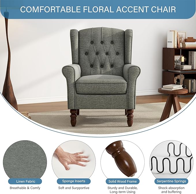 UIXE High Back Accent Chair, Fabric Upholstered Armchair for Living Room, Retro Wingback Arm Chair Comfy Single Sofa Bedroom Reading Seat with Solid Wooden Legs - Gray-Ruum Studio Home