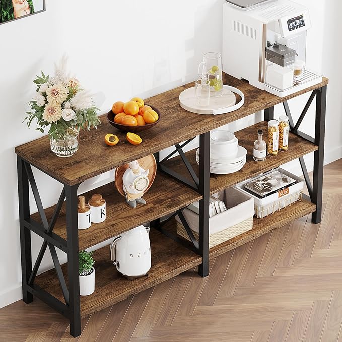 LVB Wood Console Table, Rustic 3 Tier Sofa Table Behind Couch, Industrial Metal Entryway Table with Storage Shelf, Farmhouse Wooden Foyer Hallway Table for Entry Living Room, Rustic Brown, 55 Inch-Ruum Studio Home