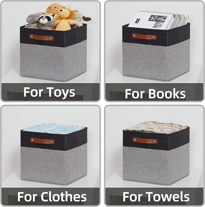 HNZIGE Cube Storage Baskets,Fabric Storage Cubes 12 x 12, Set of 4,Decorative Storage Baskets for Organizing with Handles,Closet Bins for Shelf Organizer Home Toy Nursery Closet(Black Gray)-Ruum Studio Home
